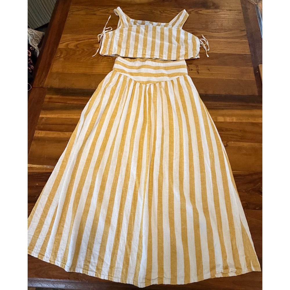 Loft Beach Womens Yellow White Striped Linen Blend 2 Piece Crop Top Maxi Skirt M
